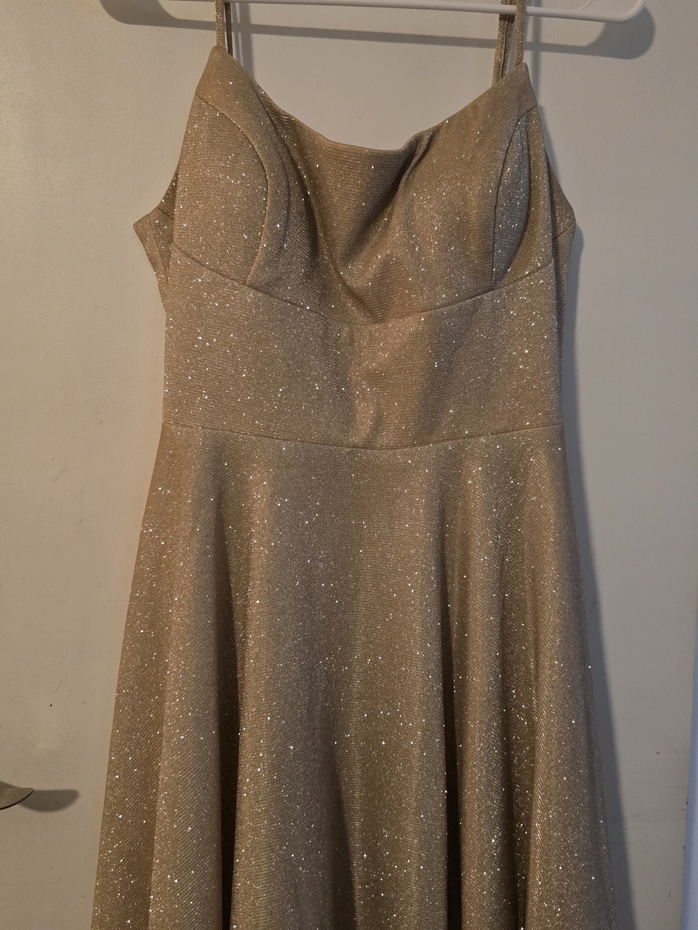 Gold Sparkle A-Line Prom Dress with Spaghetti Straps